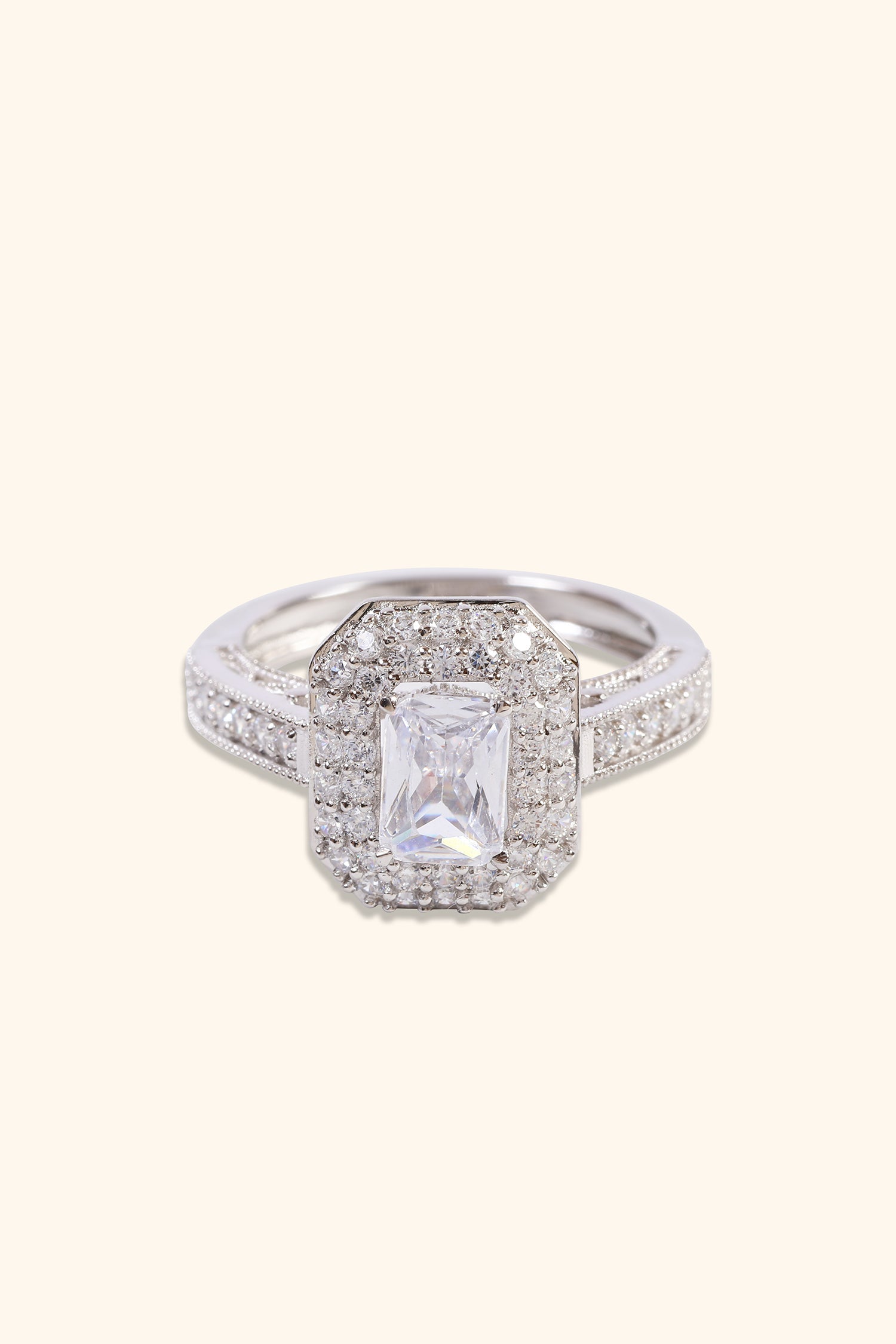 Celestina Double Studded Halo and Pave Ring with Emerald Solitaire