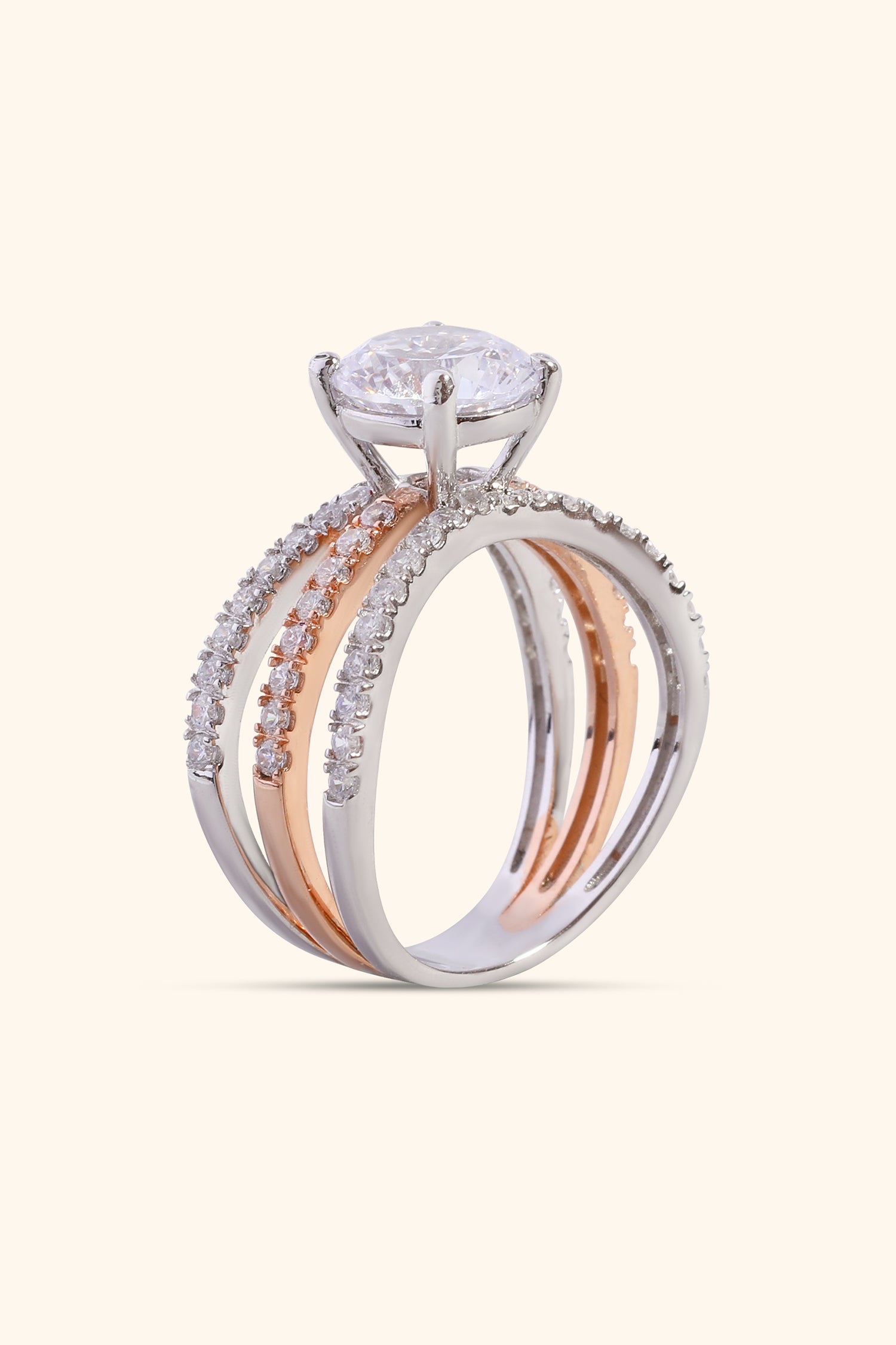 Estrella Triple Pave Ring with a Round Solitaire