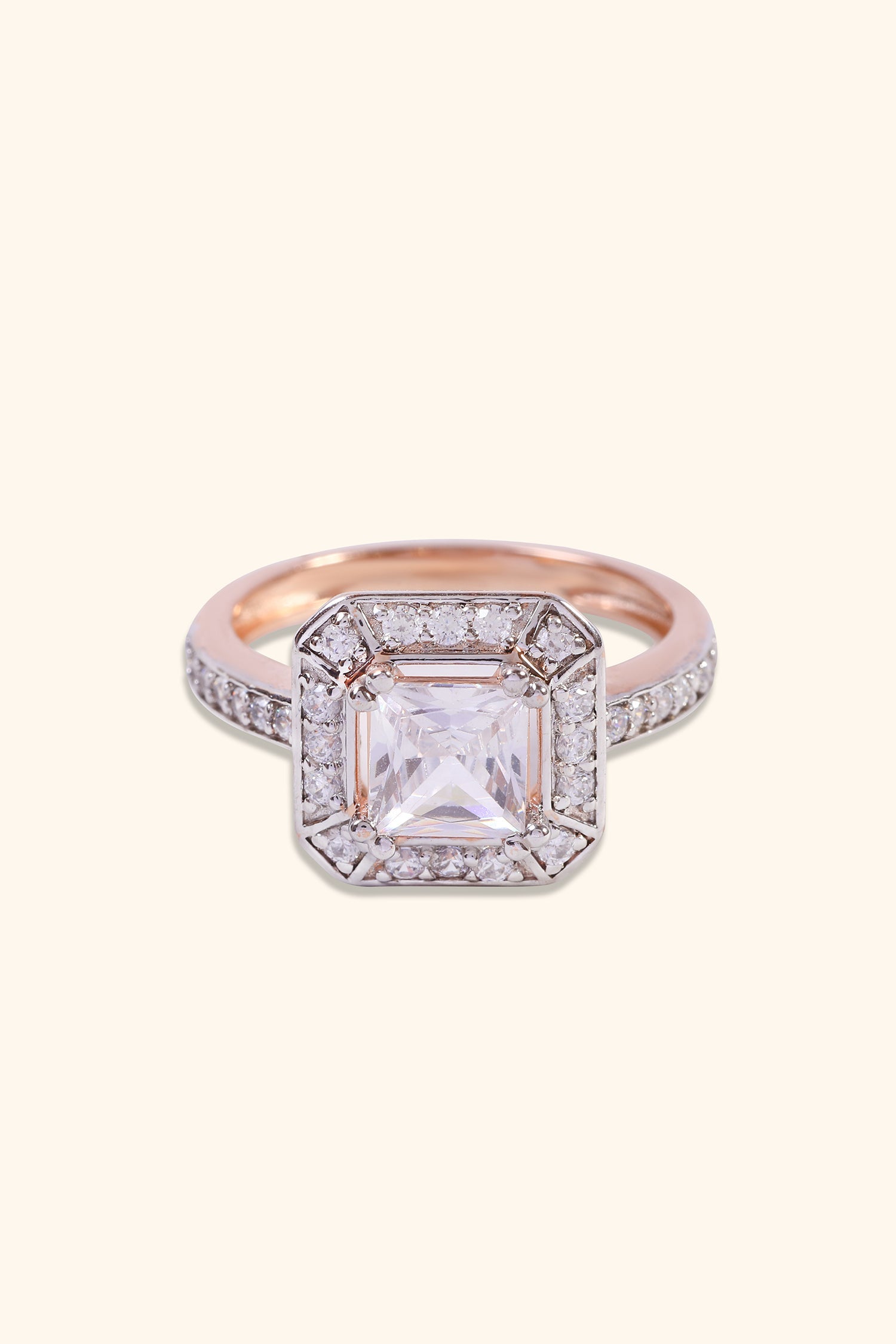 Rosalinda with Princess Solitaire and Halo on a Pave Ring
