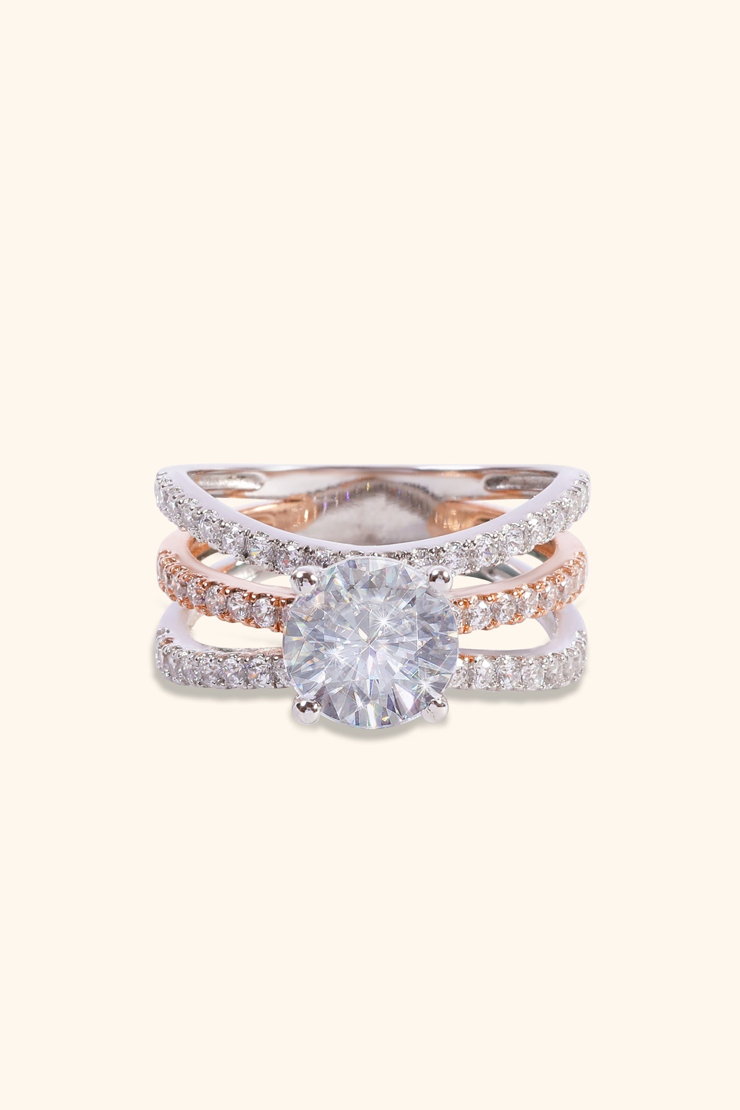 Estrella Triple Pave Ring with a Round Solitaire