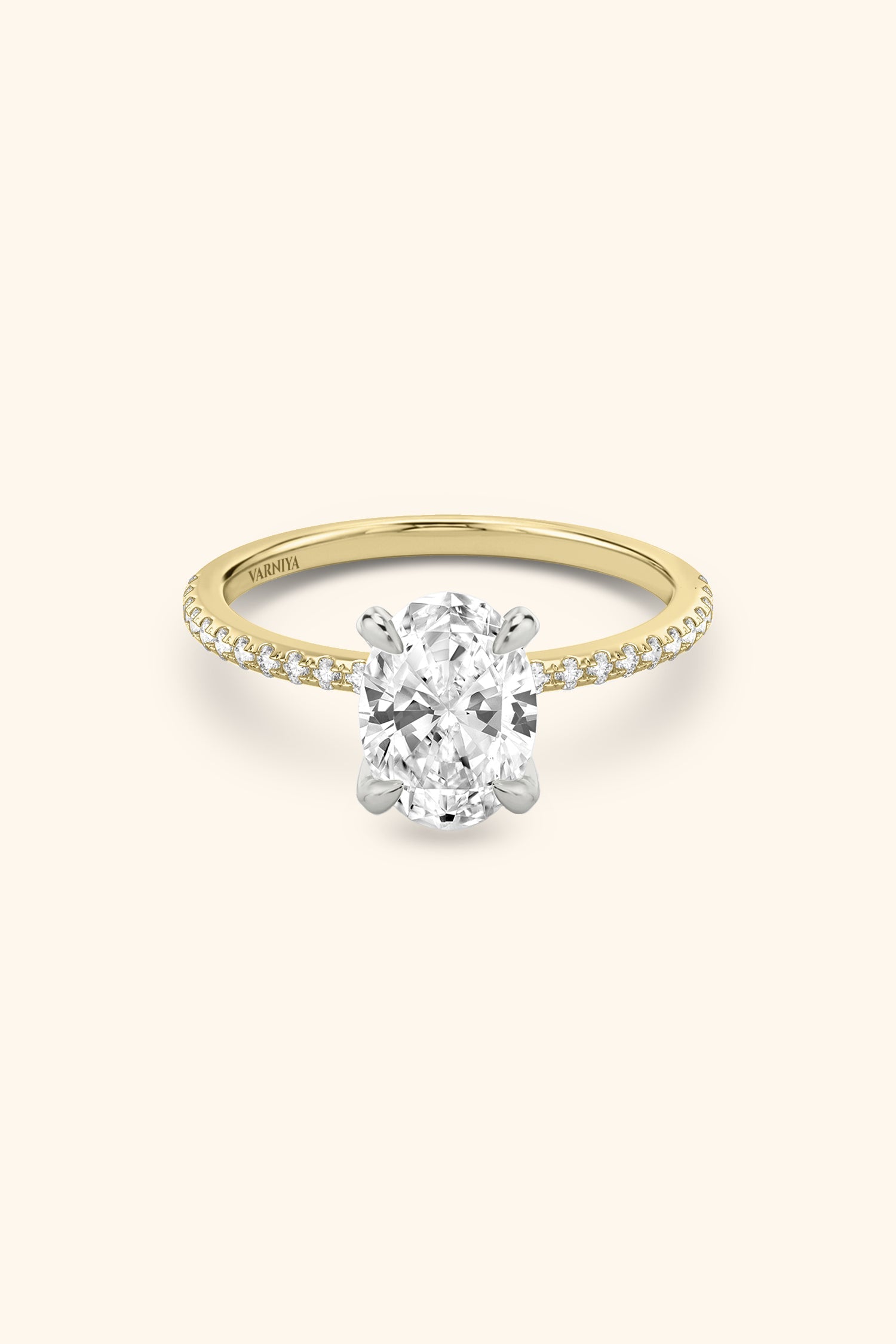 Dual Tone Glance Pavé Ring with 3 Carat Oval Solitaire