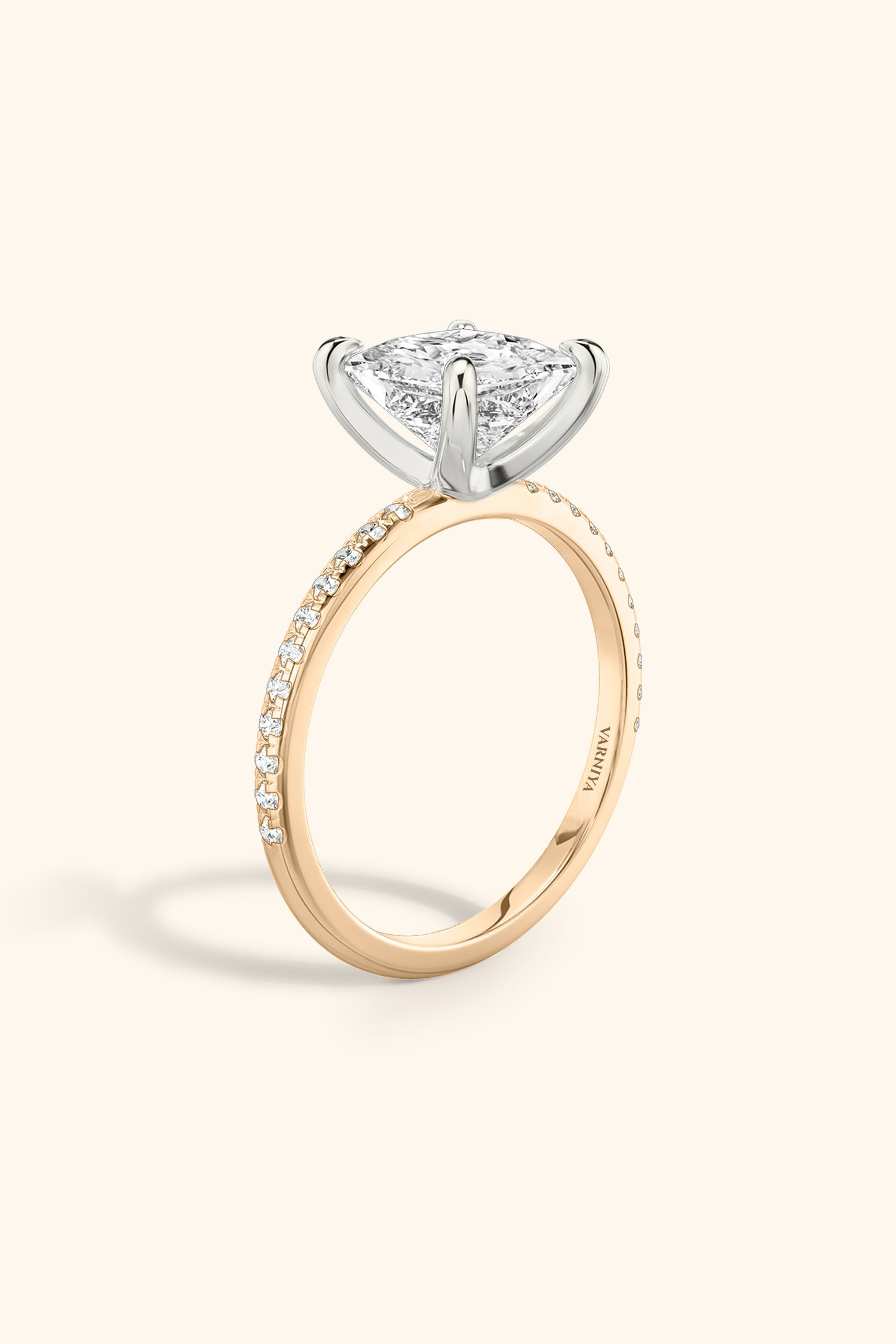 Dual Tone Glance Pavé Ring with 4 Carat Princess Solitaire Premium