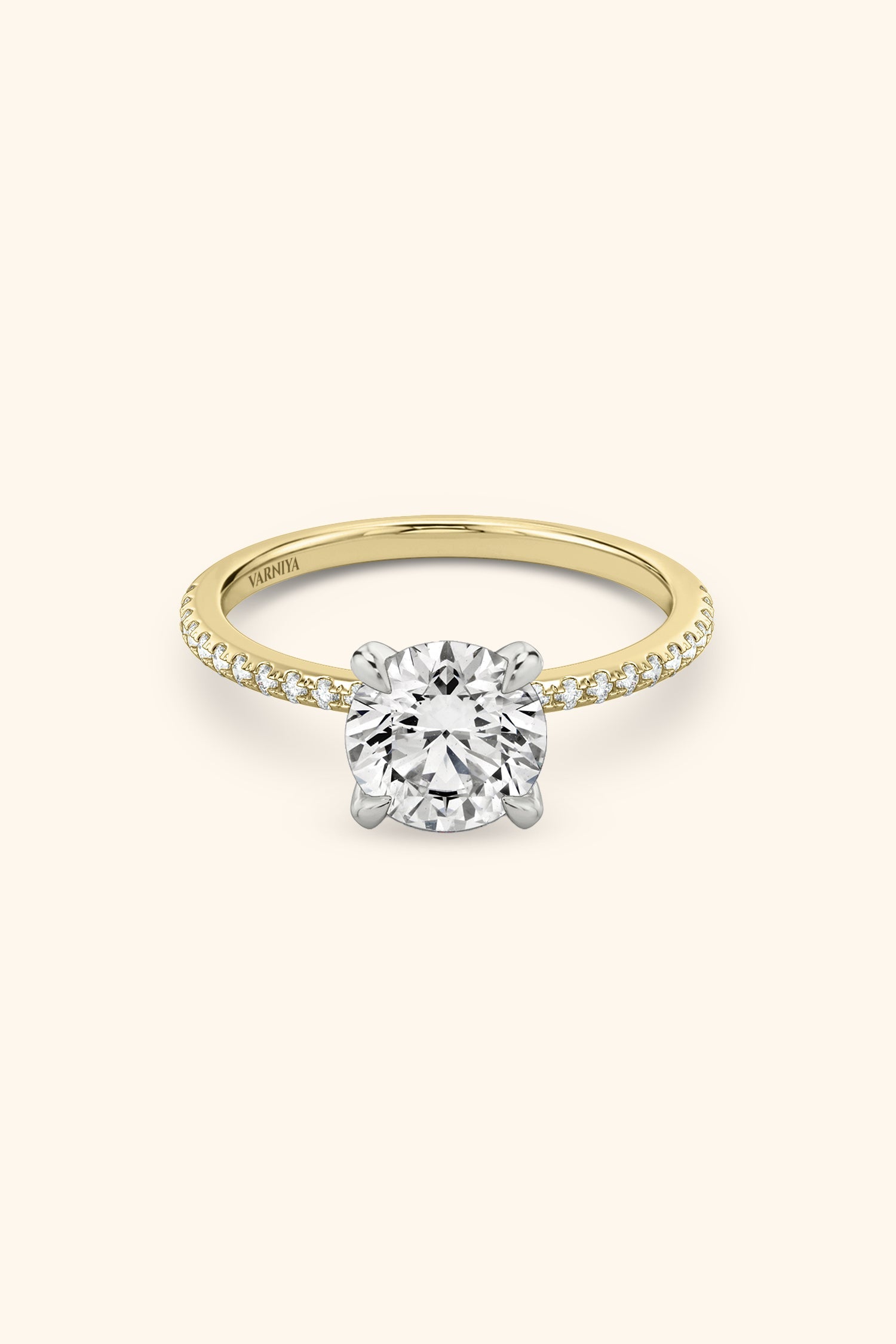Dual Tone Glance Pave Ring with 2 Carat Round Brilliant Solitaire